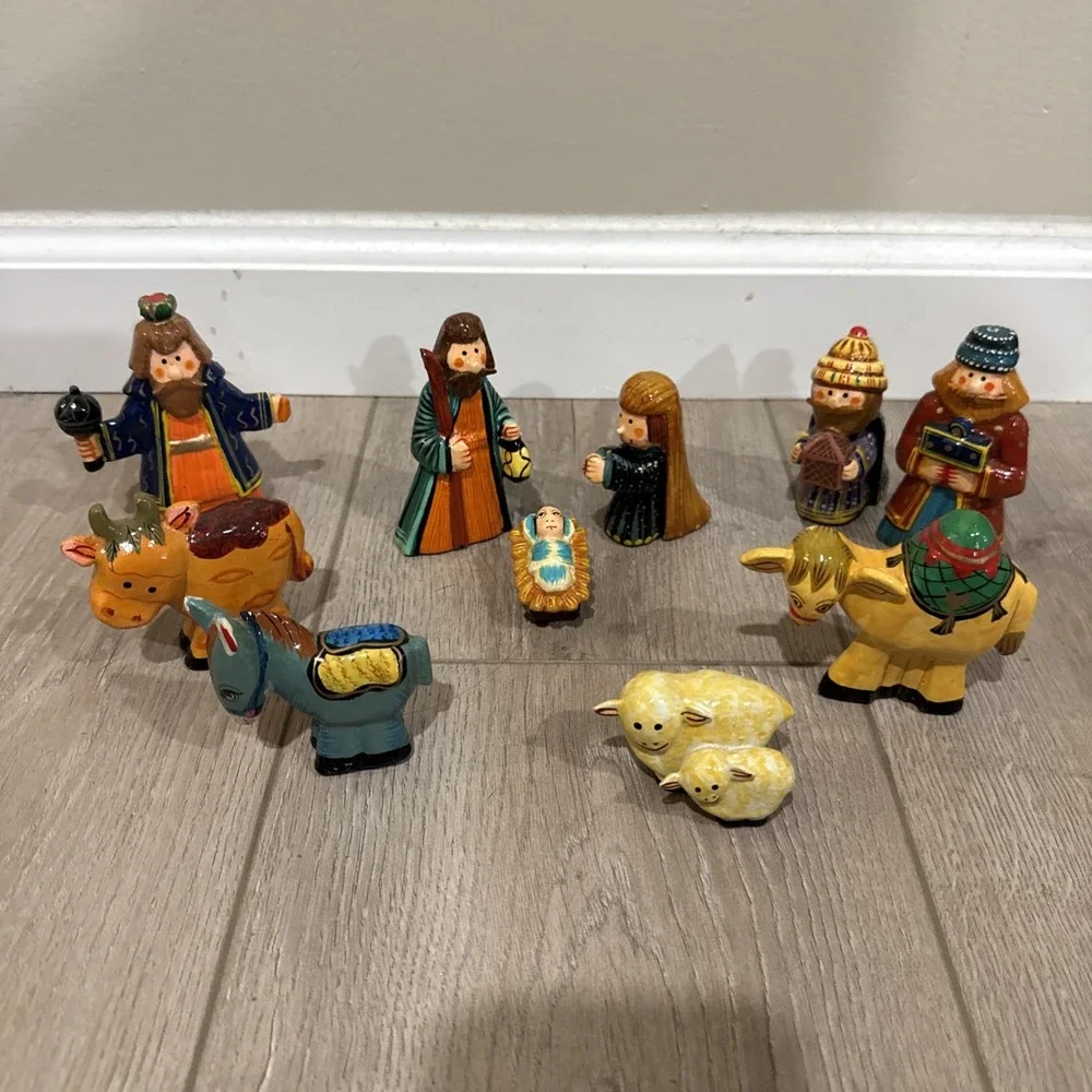 Vintage Christmas Nativity Set Chunky Wooden Figures Set Of 9 Hand‎ Painted
